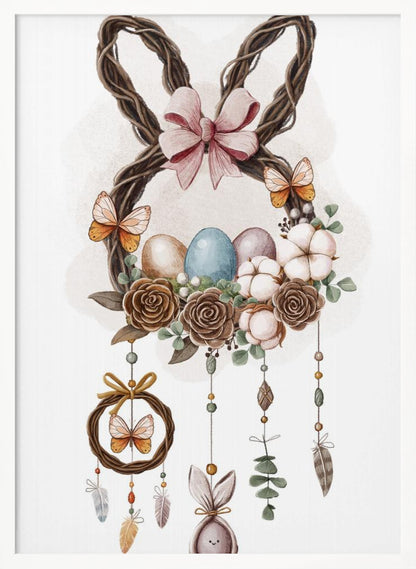 A watercolor illustration of a bohemian-style Easter decoration featuring a wreath made of woven twigs shaped like bunny ears, adorned with a pink bow. The base of the wreath holds colorful Easter eggs, brown roses, and cotton bolls, with butterflies perched on it. Dreamcatcher-like strands with beads, feathers, and a small bunny figure hang below. Wall Art