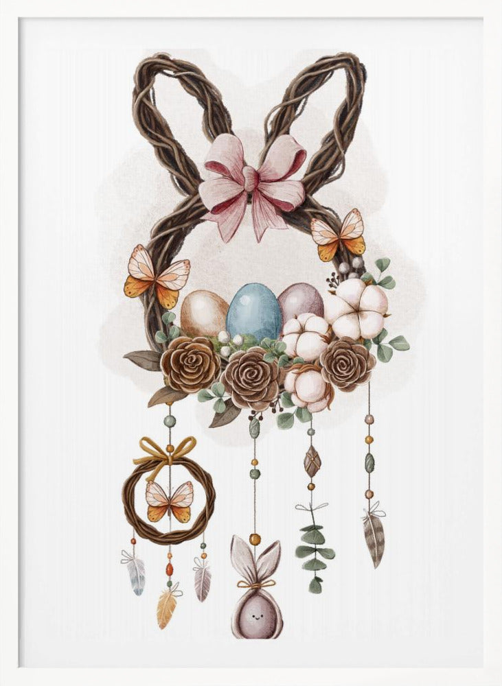 A watercolor illustration of a bohemian-style Easter decoration featuring a wreath made of woven twigs shaped like bunny ears, adorned with a pink bow. The base of the wreath holds colorful Easter eggs, brown roses, and cotton bolls, with butterflies perched on it. Dreamcatcher-like strands with beads, feathers, and a small bunny figure hang below. Wall Art