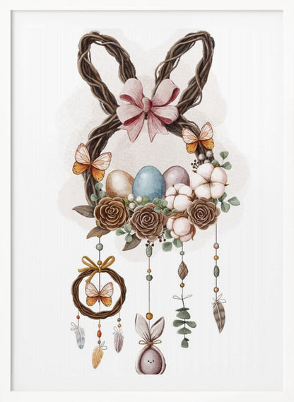 A watercolor illustration of a bohemian-style Easter decoration featuring a wreath made of woven twigs shaped like bunny ears, adorned with a pink bow. The base of the wreath holds colorful Easter eggs, brown roses, and cotton bolls, with butterflies perched on it. Dreamcatcher-like strands with beads, feathers, and a small bunny figure hang below. Wall Art