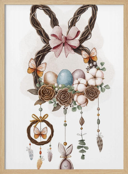 A watercolor illustration of a bohemian-style Easter decoration featuring a wreath made of woven twigs shaped like bunny ears, adorned with a pink bow. The base of the wreath holds colorful Easter eggs, brown roses, and cotton bolls, with butterflies perched on it. Dreamcatcher-like strands with beads, feathers, and a small bunny figure hang below. Wall Art