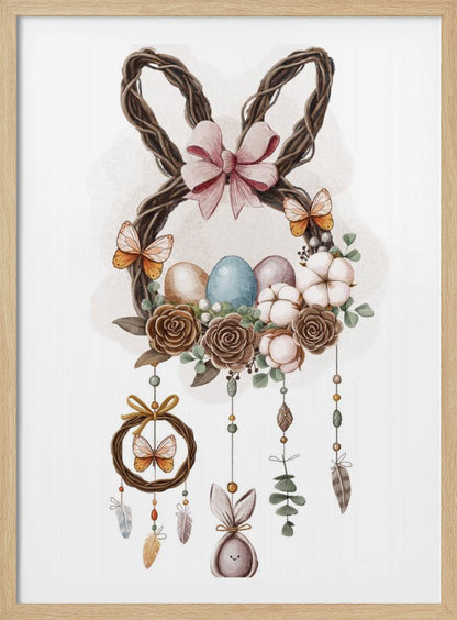 A watercolor illustration of a bohemian-style Easter decoration featuring a wreath made of woven twigs shaped like bunny ears, adorned with a pink bow. The base of the wreath holds colorful Easter eggs, brown roses, and cotton bolls, with butterflies perched on it. Dreamcatcher-like strands with beads, feathers, and a small bunny figure hang below. Wall Art