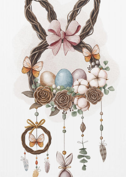 A watercolor illustration of a bohemian-style Easter decoration featuring a wreath made of woven twigs shaped like bunny ears, adorned with a pink bow. The base of the wreath holds colorful Easter eggs, brown roses, and cotton bolls, with butterflies perched on it. Dreamcatcher-like strands with beads, feathers, and a small bunny figure hang below. Wall Art