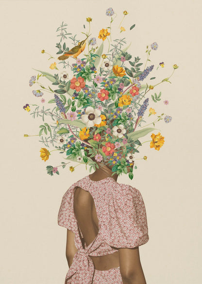 A surrealist collage of a woman seen from behind, wearing a pink dress with an open back. Instead of a head, she has a large, vibrant bouquet of various wildflowers and a small bird perched within the blossoms, all set against a solid beige background and enclosed in a black frame. Poster