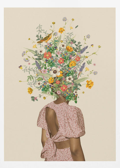 A surrealist collage of a woman seen from behind, wearing a pink dress with an open back. Instead of a head, she has a large, vibrant bouquet of various wildflowers and a small bird perched within the blossoms, all set against a solid beige background and enclosed in a black frame. Poster