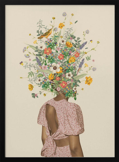 A surrealist collage of a woman seen from behind, wearing a pink dress with an open back. Instead of a head, she has a large, vibrant bouquet of various wildflowers and a small bird perched within the blossoms, all set against a solid beige background and enclosed in a black frame. Poster