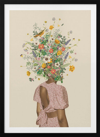 A surrealist collage of a woman seen from behind, wearing a pink dress with an open back. Instead of a head, she has a large, vibrant bouquet of various wildflowers and a small bird perched within the blossoms, all set against a solid beige background and enclosed in a black frame. Poster