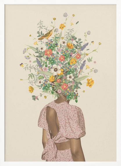 A surrealist collage of a woman seen from behind, wearing a pink dress with an open back. Instead of a head, she has a large, vibrant bouquet of various wildflowers and a small bird perched within the blossoms, all set against a solid beige background and enclosed in a black frame. Poster