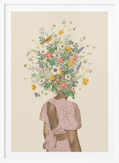A surrealist collage of a woman seen from behind, wearing a pink dress with an open back. Instead of a head, she has a large, vibrant bouquet of various wildflowers and a small bird perched within the blossoms, all set against a solid beige background and enclosed in a black frame. Poster