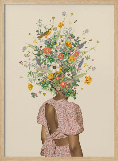 A surrealist collage of a woman seen from behind, wearing a pink dress with an open back. Instead of a head, she has a large, vibrant bouquet of various wildflowers and a small bird perched within the blossoms, all set against a solid beige background and enclosed in a black frame. Poster