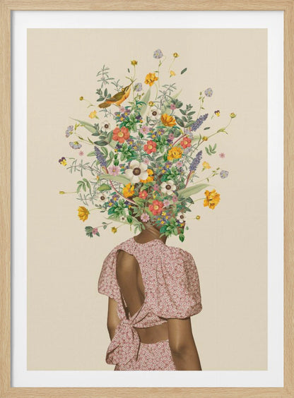 A surrealist collage of a woman seen from behind, wearing a pink dress with an open back. Instead of a head, she has a large, vibrant bouquet of various wildflowers and a small bird perched within the blossoms, all set against a solid beige background and enclosed in a black frame. Poster