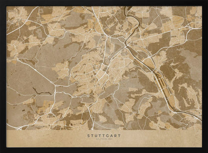 A framed, stylized map of Stuttgart, Germany, in shades of brown and beige. Major roads and waterways are highlighted in a contrasting cream color, creating a detailed and modern look. The city name 'STUTTGART' is written at the bottom. The entire map is enclosed in a simple silver-colored frame. Poster