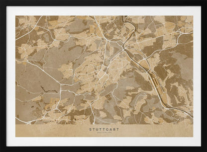 A framed, stylized map of Stuttgart, Germany, in shades of brown and beige. Major roads and waterways are highlighted in a contrasting cream color, creating a detailed and modern look. The city name 'STUTTGART' is written at the bottom. The entire map is enclosed in a simple silver-colored frame. Poster