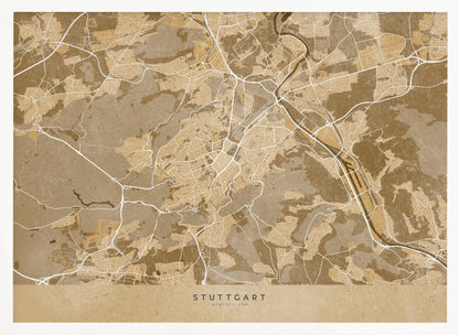 A framed, stylized map of Stuttgart, Germany, in shades of brown and beige. Major roads and waterways are highlighted in a contrasting cream color, creating a detailed and modern look. The city name 'STUTTGART' is written at the bottom. The entire map is enclosed in a simple silver-colored frame. Poster