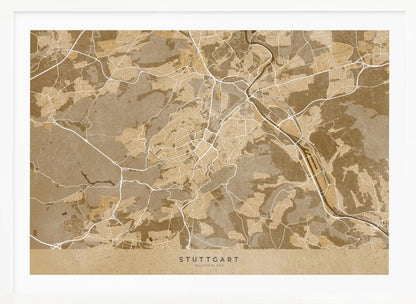 A framed, stylized map of Stuttgart, Germany, in shades of brown and beige. Major roads and waterways are highlighted in a contrasting cream color, creating a detailed and modern look. The city name 'STUTTGART' is written at the bottom. The entire map is enclosed in a simple silver-colored frame. Poster