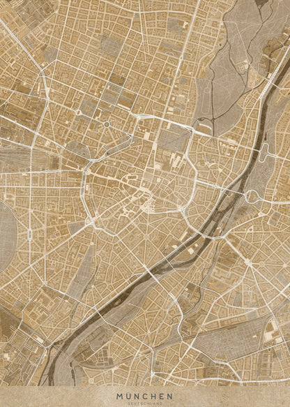 A vintage-style map of Munich, Germany, displayed in a black frame. The map is rendered in shades of brown and beige, with roads and rivers highlighted in white, creating a detailed and artistic representation of the city's layout. At the bottom, the words 'MÜNCHEN' and 'DEUTSCHLAND' are printed. Poster