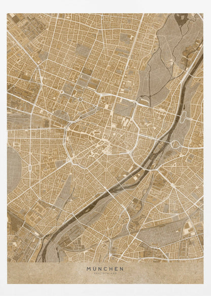 A vintage-style map of Munich, Germany, displayed in a black frame. The map is rendered in shades of brown and beige, with roads and rivers highlighted in white, creating a detailed and artistic representation of the city's layout. At the bottom, the words 'MÜNCHEN' and 'DEUTSCHLAND' are printed. Poster
