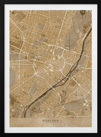 A vintage-style map of Munich, Germany, displayed in a black frame. The map is rendered in shades of brown and beige, with roads and rivers highlighted in white, creating a detailed and artistic representation of the city's layout. At the bottom, the words 'MÜNCHEN' and 'DEUTSCHLAND' are printed. Poster