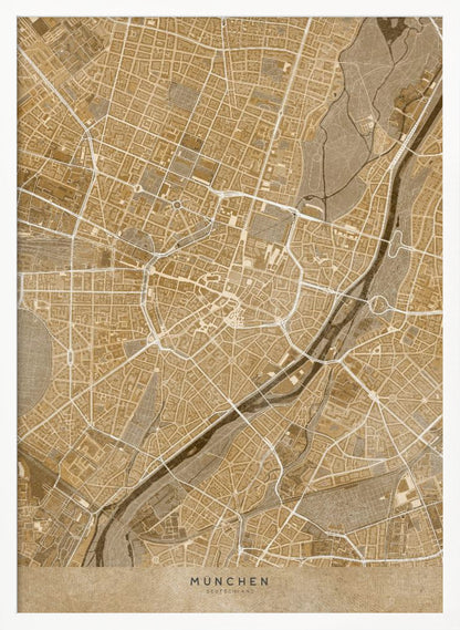 A vintage-style map of Munich, Germany, displayed in a black frame. The map is rendered in shades of brown and beige, with roads and rivers highlighted in white, creating a detailed and artistic representation of the city's layout. At the bottom, the words 'MÜNCHEN' and 'DEUTSCHLAND' are printed. Poster
