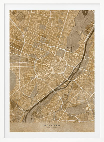 A vintage-style map of Munich, Germany, displayed in a black frame. The map is rendered in shades of brown and beige, with roads and rivers highlighted in white, creating a detailed and artistic representation of the city's layout. At the bottom, the words 'MÜNCHEN' and 'DEUTSCHLAND' are printed. Poster