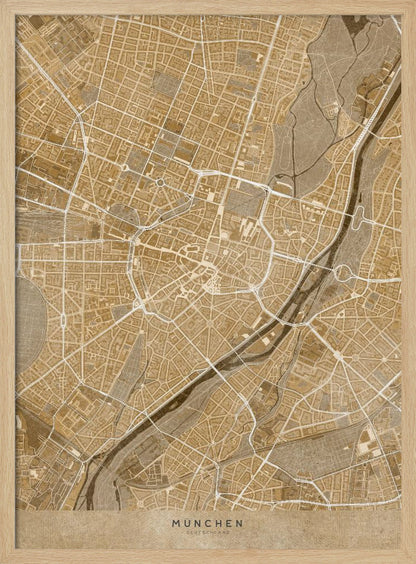 A vintage-style map of Munich, Germany, displayed in a black frame. The map is rendered in shades of brown and beige, with roads and rivers highlighted in white, creating a detailed and artistic representation of the city's layout. At the bottom, the words 'MÜNCHEN' and 'DEUTSCHLAND' are printed. Poster