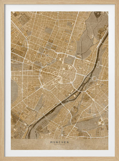 A vintage-style map of Munich, Germany, displayed in a black frame. The map is rendered in shades of brown and beige, with roads and rivers highlighted in white, creating a detailed and artistic representation of the city's layout. At the bottom, the words 'MÜNCHEN' and 'DEUTSCHLAND' are printed. Poster