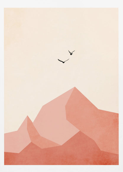 A minimalist framed artwork featuring geometric, faceted mountains in shades of pink and coral against a light cream sky. Two small black birds are shown flying above the peaks, creating a serene and modern nature scene. Wall Art