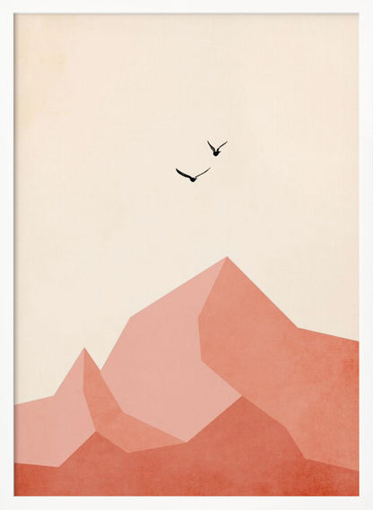 A minimalist framed artwork featuring geometric, faceted mountains in shades of pink and coral against a light cream sky. Two small black birds are shown flying above the peaks, creating a serene and modern nature scene. Wall Art