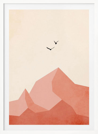 A minimalist framed artwork featuring geometric, faceted mountains in shades of pink and coral against a light cream sky. Two small black birds are shown flying above the peaks, creating a serene and modern nature scene. Wall Art