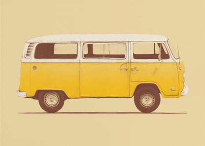 A vintage-style, framed illustration of a classic yellow and white camper van in side profile against a solid pale yellow background. The artwork has a retro, printed texture. Decor