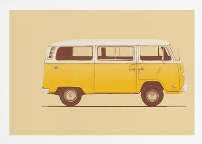 A vintage-style, framed illustration of a classic yellow and white camper van in side profile against a solid pale yellow background. The artwork has a retro, printed texture. Decor