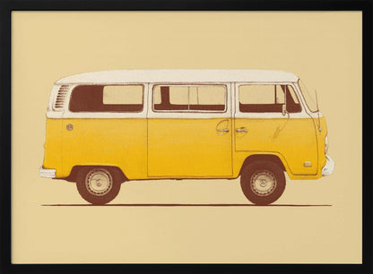 A vintage-style, framed illustration of a classic yellow and white camper van in side profile against a solid pale yellow background. The artwork has a retro, printed texture. Decor