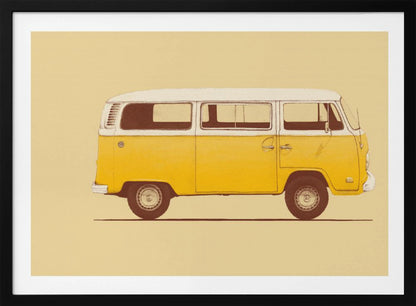 A vintage-style, framed illustration of a classic yellow and white camper van in side profile against a solid pale yellow background. The artwork has a retro, printed texture. Decor