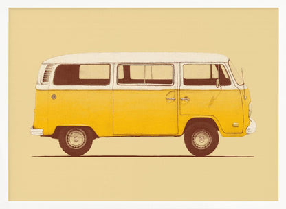 A vintage-style, framed illustration of a classic yellow and white camper van in side profile against a solid pale yellow background. The artwork has a retro, printed texture. Decor