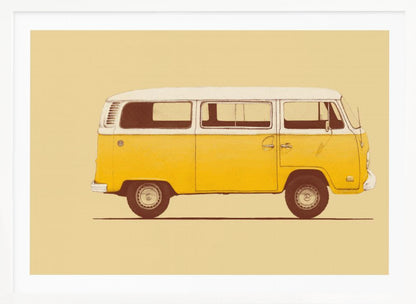 A vintage-style, framed illustration of a classic yellow and white camper van in side profile against a solid pale yellow background. The artwork has a retro, printed texture. Decor