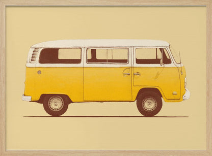 A vintage-style, framed illustration of a classic yellow and white camper van in side profile against a solid pale yellow background. The artwork has a retro, printed texture. Decor