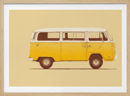 A vintage-style, framed illustration of a classic yellow and white camper van in side profile against a solid pale yellow background. The artwork has a retro, printed texture. Decor