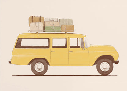 A side-profile illustration of a vintage yellow station wagon with a stack of luggage strapped to its roof rack. The car is set against a solid cream-colored background, giving the artwork a retro and minimalist feel. Decor