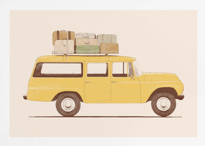 A side-profile illustration of a vintage yellow station wagon with a stack of luggage strapped to its roof rack. The car is set against a solid cream-colored background, giving the artwork a retro and minimalist feel. Decor