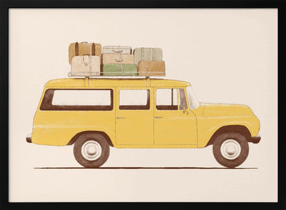 A side-profile illustration of a vintage yellow station wagon with a stack of luggage strapped to its roof rack. The car is set against a solid cream-colored background, giving the artwork a retro and minimalist feel. Decor