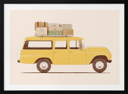 A side-profile illustration of a vintage yellow station wagon with a stack of luggage strapped to its roof rack. The car is set against a solid cream-colored background, giving the artwork a retro and minimalist feel. Decor