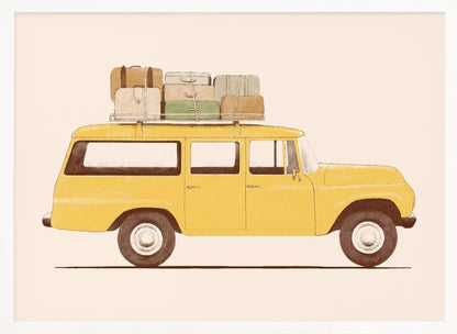 A side-profile illustration of a vintage yellow station wagon with a stack of luggage strapped to its roof rack. The car is set against a solid cream-colored background, giving the artwork a retro and minimalist feel. Decor