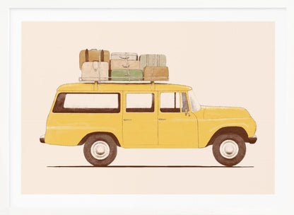 A side-profile illustration of a vintage yellow station wagon with a stack of luggage strapped to its roof rack. The car is set against a solid cream-colored background, giving the artwork a retro and minimalist feel. Decor