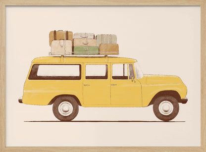 A side-profile illustration of a vintage yellow station wagon with a stack of luggage strapped to its roof rack. The car is set against a solid cream-colored background, giving the artwork a retro and minimalist feel. Decor