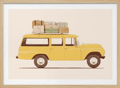 A side-profile illustration of a vintage yellow station wagon with a stack of luggage strapped to its roof rack. The car is set against a solid cream-colored background, giving the artwork a retro and minimalist feel. Decor