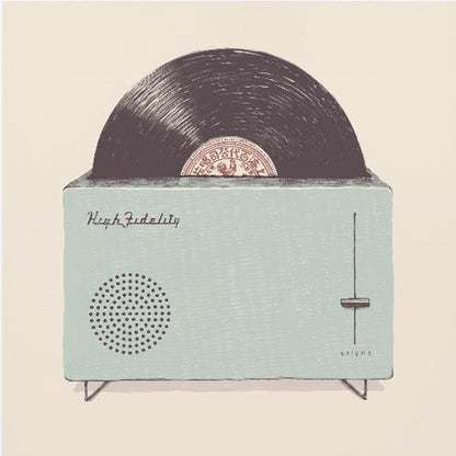 A vintage-style illustration of a light blue record player cleverly designed to look like a toaster. A black vinyl record pops out of the top slot like a slice of toast. The device is labeled 'High Fidelity' and has a volume slider, all set against a cream background within a light wood frame. Poster