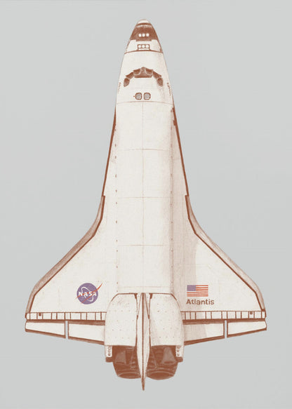 A framed graphic art print of the Space Shuttle Atlantis viewed from above. The illustration has a retro, halftone style with a brown and cream color scheme against a light gray background. The NASA logo, American flag, and the name 'Atlantis' are visible on the spacecraft. Poster