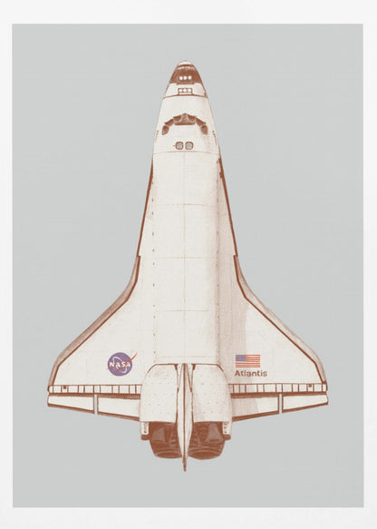 A framed graphic art print of the Space Shuttle Atlantis viewed from above. The illustration has a retro, halftone style with a brown and cream color scheme against a light gray background. The NASA logo, American flag, and the name 'Atlantis' are visible on the spacecraft. Poster