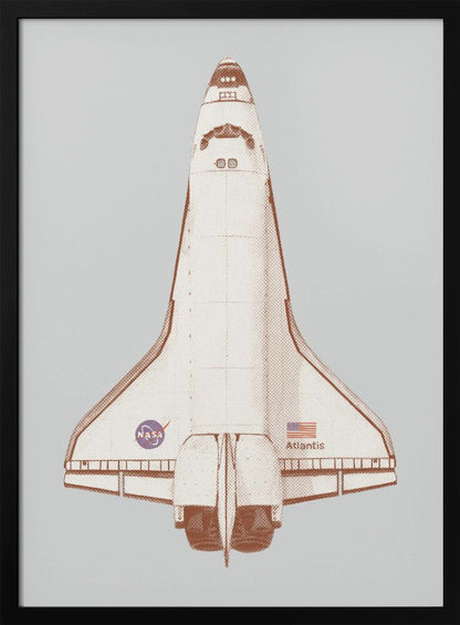 A framed graphic art print of the Space Shuttle Atlantis viewed from above. The illustration has a retro, halftone style with a brown and cream color scheme against a light gray background. The NASA logo, American flag, and the name 'Atlantis' are visible on the spacecraft. Poster