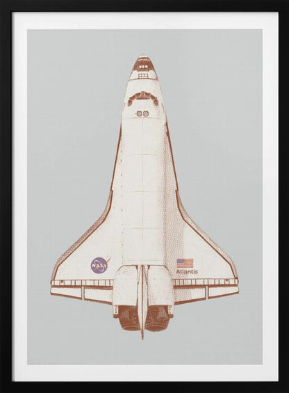 A framed graphic art print of the Space Shuttle Atlantis viewed from above. The illustration has a retro, halftone style with a brown and cream color scheme against a light gray background. The NASA logo, American flag, and the name 'Atlantis' are visible on the spacecraft. Poster