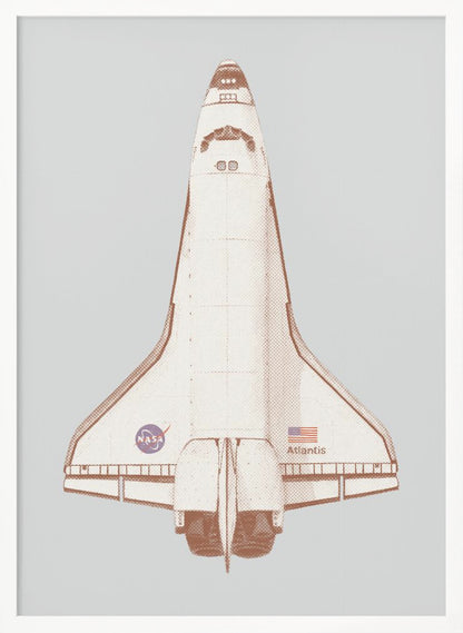 A framed graphic art print of the Space Shuttle Atlantis viewed from above. The illustration has a retro, halftone style with a brown and cream color scheme against a light gray background. The NASA logo, American flag, and the name 'Atlantis' are visible on the spacecraft. Poster